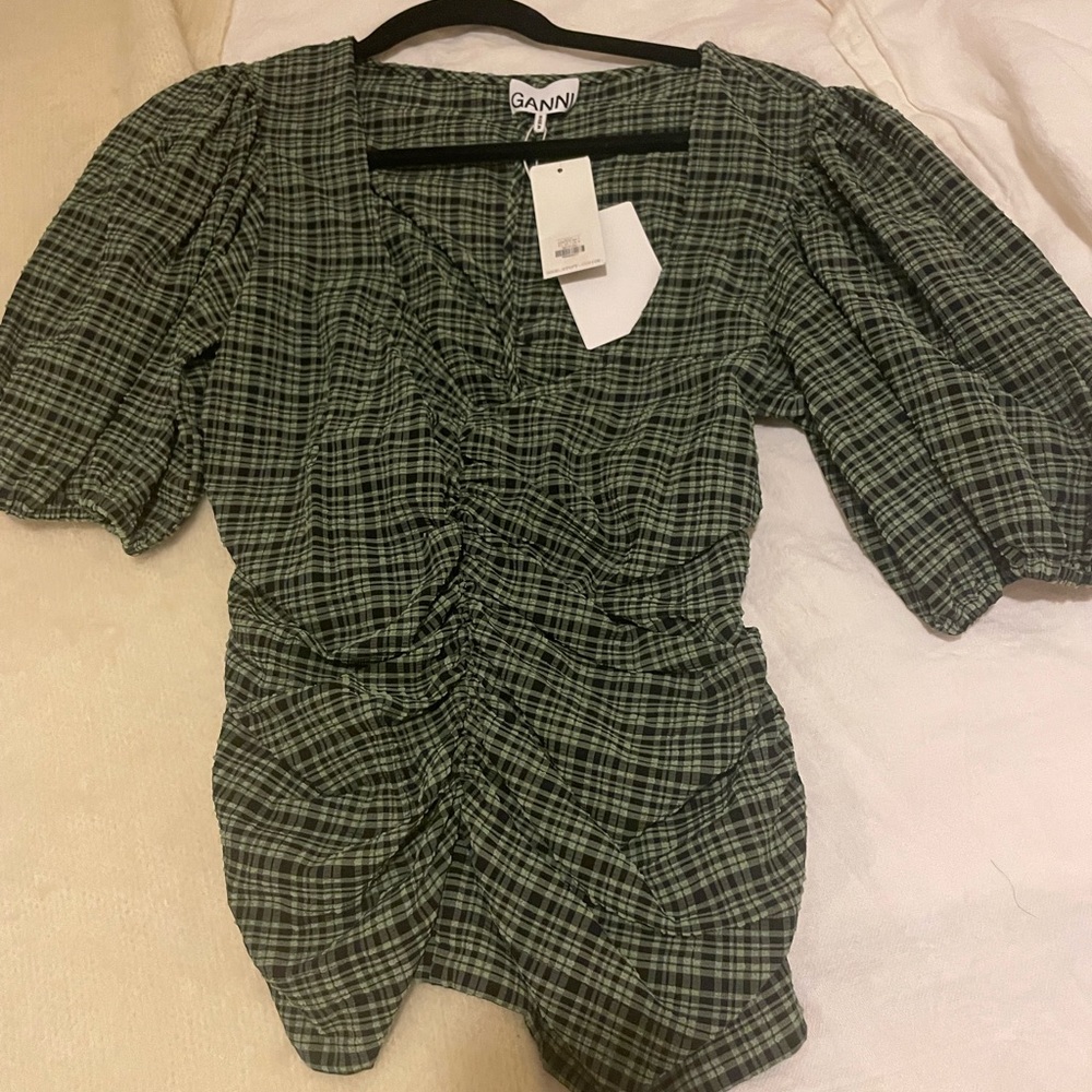 GANNI Stretch Seersucker Blouse in Mini Check Green Bay Size EU 40 / US 8